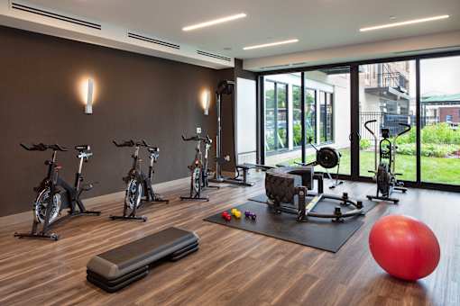 A gym with exercise equipment and a red ball.