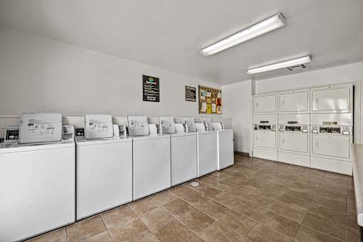 A laundromat with rows of washers and dryers.