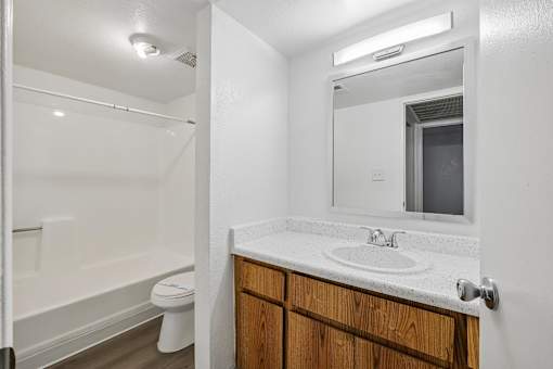 A bathroom with a white sink and a mirror.