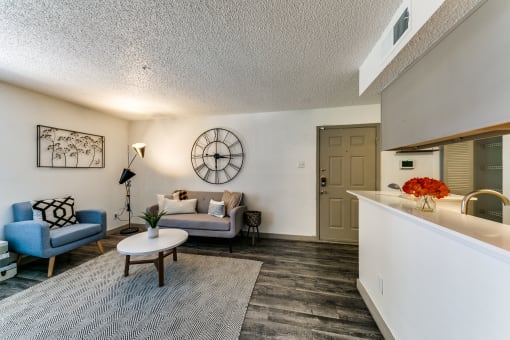 a living room with couches and a kitchen with a counter