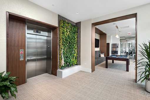 A modern office space with a green wall and a wooden door.
