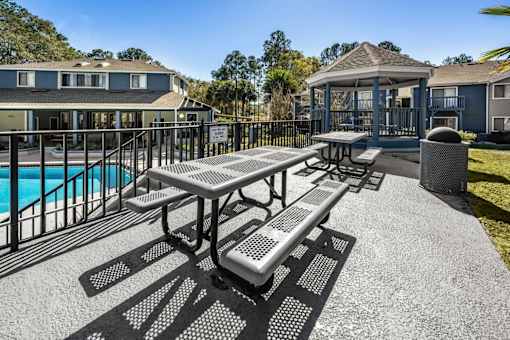 A picnic table and benches are set up on a patio next to a pool.