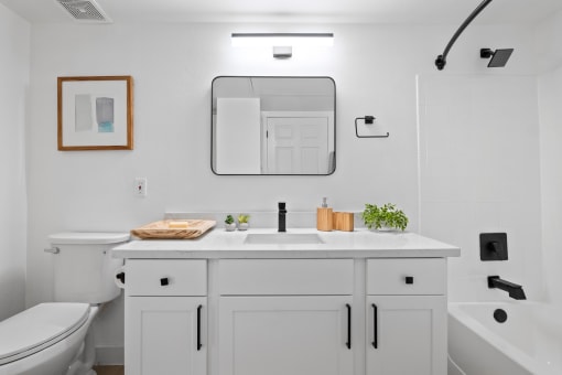 a white bathroom with a sink and a toilet and a mirror