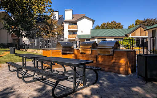 A black picnic table is in the foreground of a sunny outdoor area.