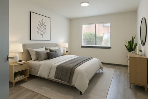 A bedroom with a large bed and a framed leaf picture on the wall.