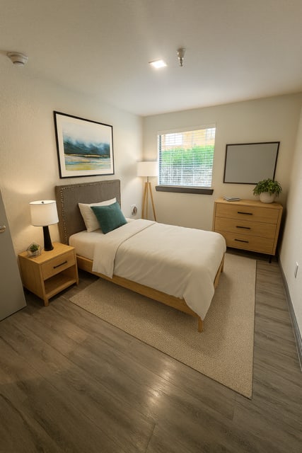 A bedroom with a bed, nightstand, and a painting on the wall.