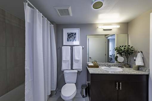A bathroom with a toilet, sink, and mirror.