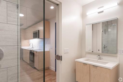 A modern bathroom with a walk-in shower and a double sink vanity.