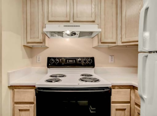 A black stove top oven with white knobs and a white range hood above it.