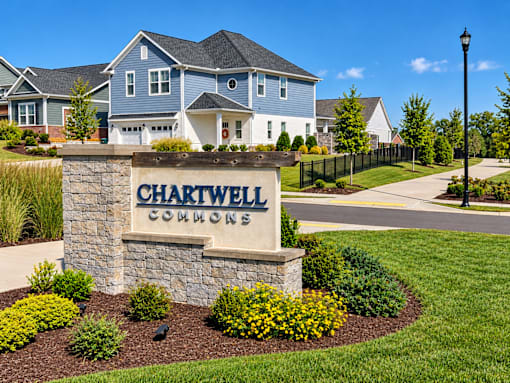 A sign for Chartwell Commons in front of a house.