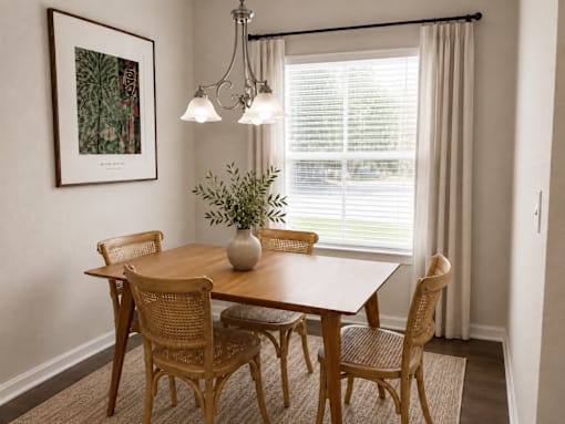 A dining room with a wooden table and chairs.