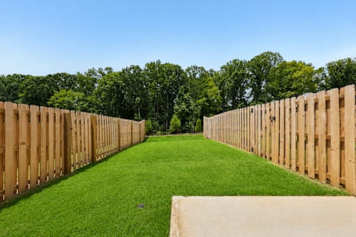 A long, narrow grassy area is flanked by a wooden fence on both sides.