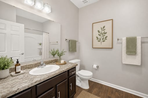 A bathroom with a white toilet, a sink, and a mirror.