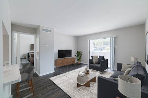 A living room with a grey couch, a coffee table, and a television.