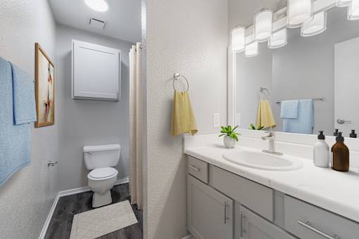 A bathroom with a white toilet, sink, and a mirror.
