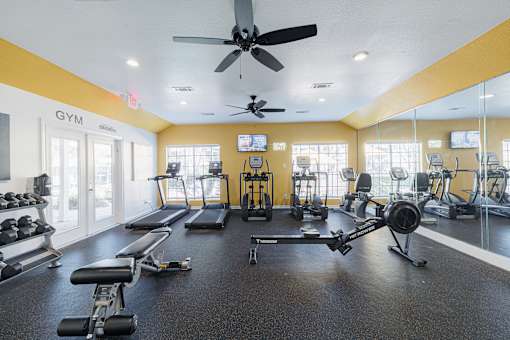 A gym with treadmills, weights, and exercise equipment.