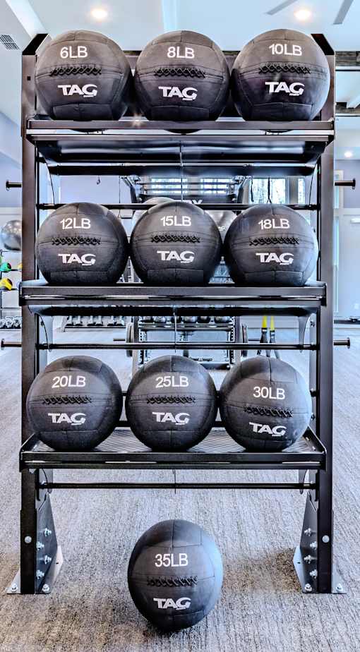 A set of TAG weighted balls arranged on a rack by weight.