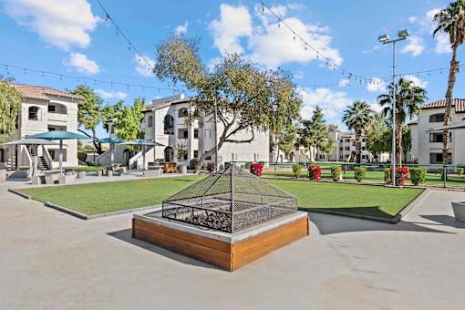 A tree in a planter is the focal point of a courtyard.