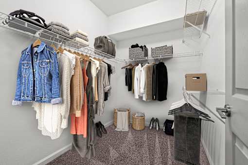 A closet with clothes hanging and a grey carpet.