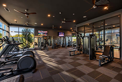A gym with treadmills, weights, and exercise equipment.