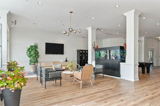 A living room with a grey sofa, a black cabinet, and a wooden floor.