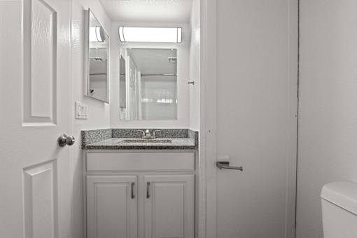A bathroom with a sink and mirror.