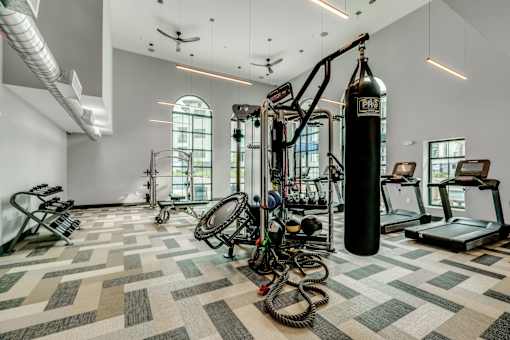 A gym with a variety of equipment including a punching bag.