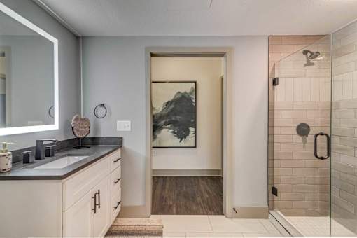A bathroom with a walk-in shower and a large mirror.