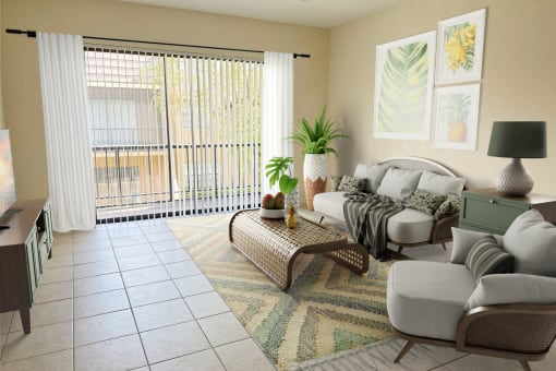 a living room with a couch and a table