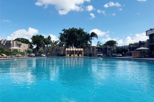a large pool at a resort with palm trees