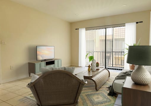 a living room with a couch and a table