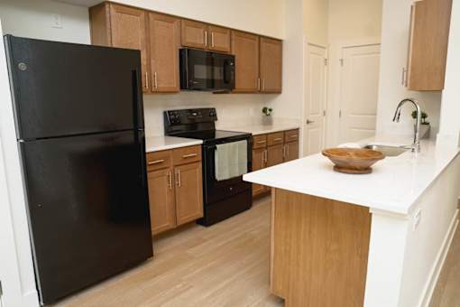 A black refrigerator is in a kitchen with wooden cabinets and a white counter.