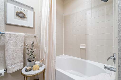 A bathroom with a white tub and a small table with a plant and two soaps on it.