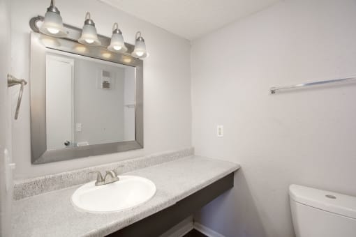 a bathroom with a sink and mirror