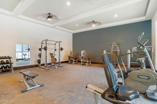 A spacious gym with a variety of equipment including a treadmill, a bench press, and a rowing machine.