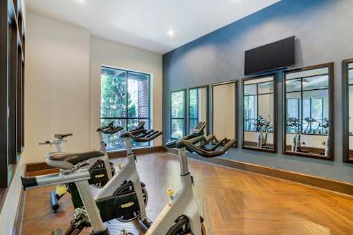 A room with a wooden floor and a wall with a mirror and a television.