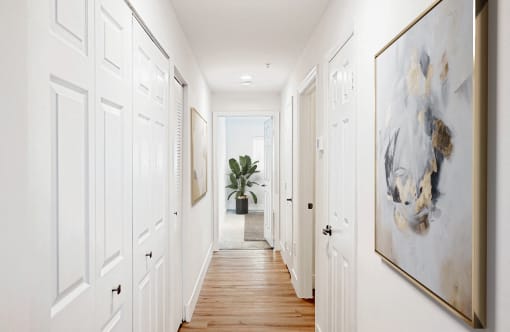 a hallway with white closets and paintings and a potted plant