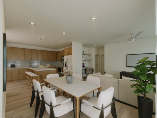 a living room and dining room with a table and chairs