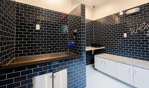A bathroom with black tiles and a wooden counter.