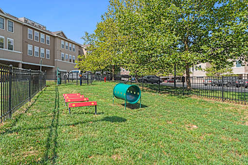 A playground with a red slide and a green slide in the middle of a grassy area.
