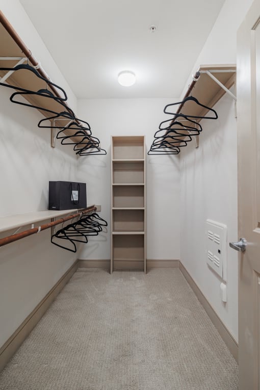a walk in closet with a shoe rack on the wall and a closet with shelves