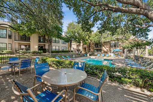 A patio with a table and chairs overlooking a pool.