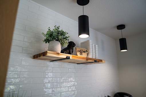 A white brick wall with a wooden shelf holding a potted plant, a black cat, and a wooden sign.