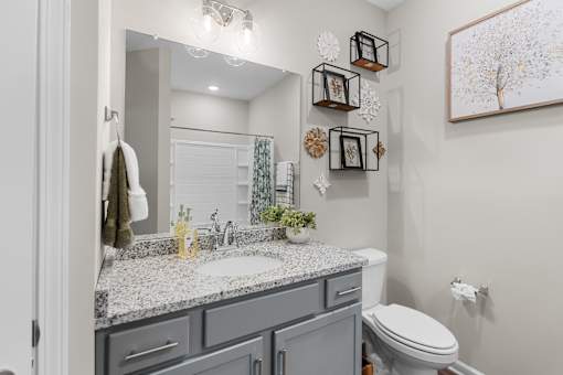 A bathroom with a toilet, sink, and mirror.