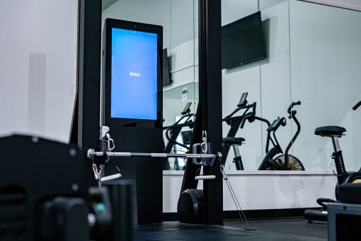 a gym with weights and a monitor in it