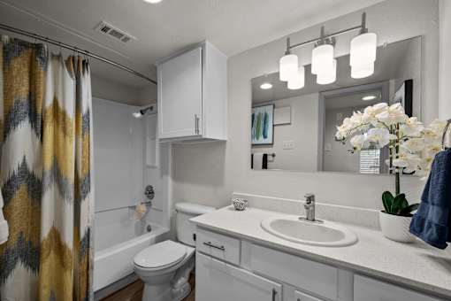 A bathroom with a white toilet, sink, and a mirror.