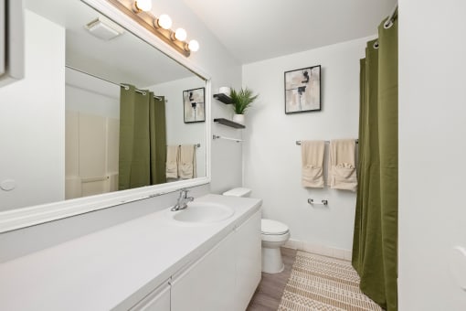 a bathroom with a white sink and a toilet and a green shower curtain