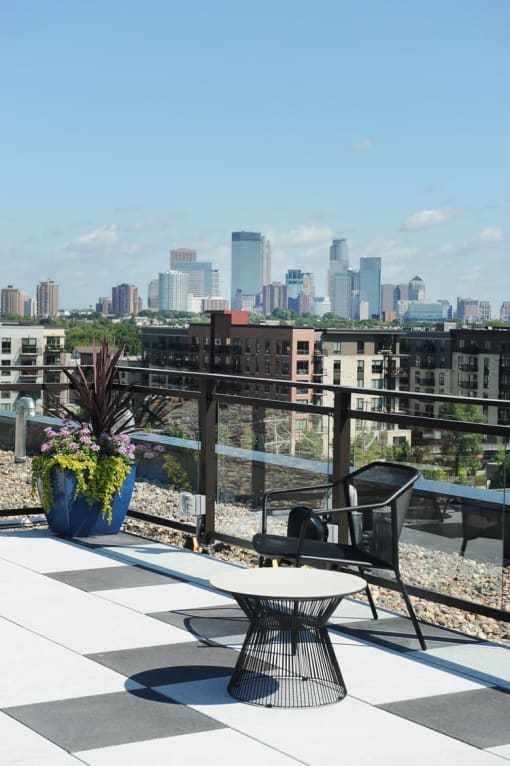 Rooftop lounge with view of Downtown Minneapolis