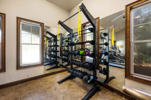 A home gym with a squat rack and dumbbells.