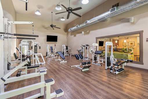 A gym with a variety of equipment including weights and cardio machines.